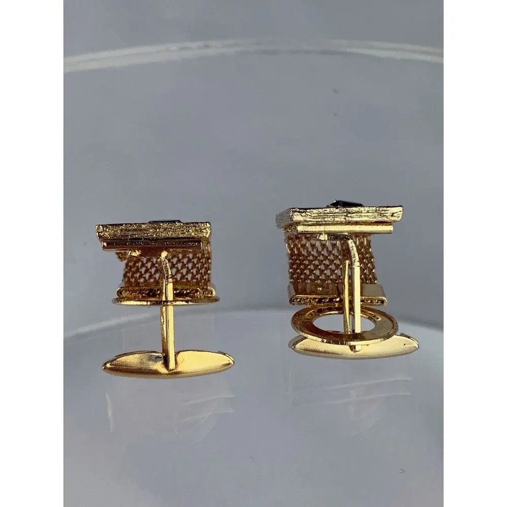 Modernist Block Green Rhinestones Gold Tone Mesh Wrap Cufflinks Vintage N1